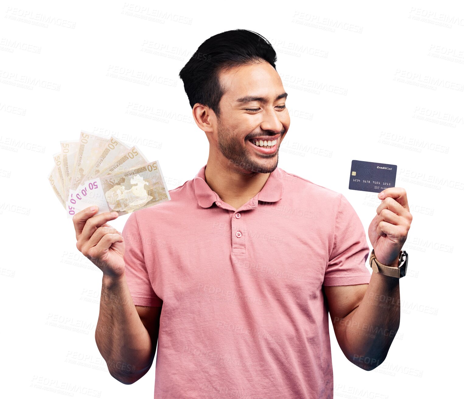 Buy stock photo Isolated man, money fan and credit card with thinking for financial freedom, goal or choice by transparent png background. Person, trader and winner with bonus cash, revenue or thinking with banking