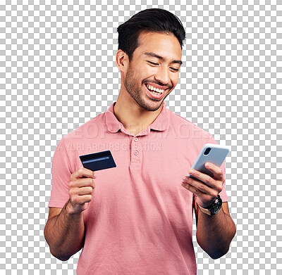 Buy stock photo Man, smartphone and smile with credit card for online shopping, fintech payment or account isolated on transparent png background. Asian model, mobile banking and code for ecommerce, sales or savings