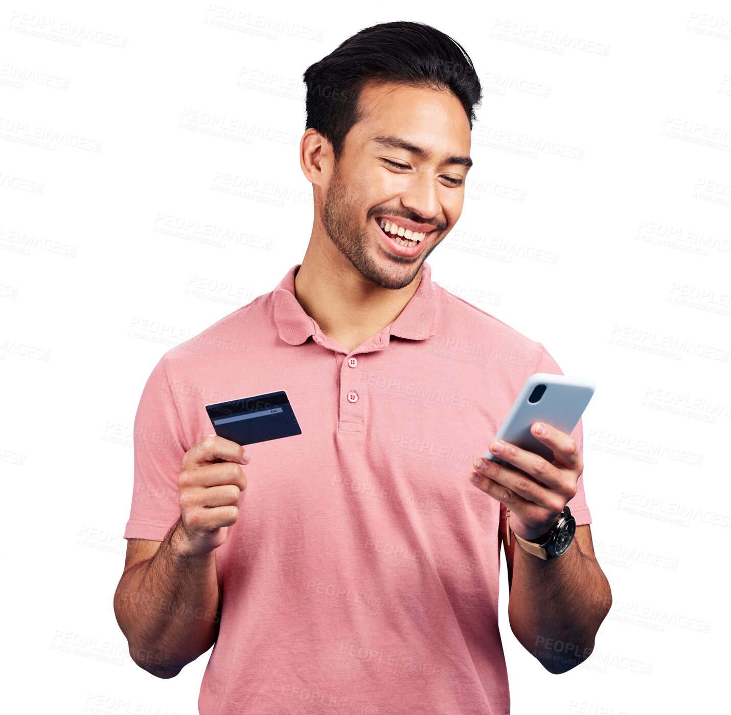 Buy stock photo Man, smartphone and smile with credit card for online shopping, fintech payment or account isolated on transparent png background. Asian model, mobile banking and code for ecommerce, sales or savings