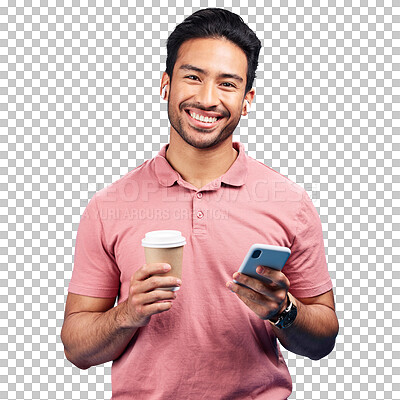 Earphones, coffee and portrait of man with phone in studio isolated on a blue background. Tea, cellphone and happiness of Asian person with drink, caffeine and mobile for social media, music or radio