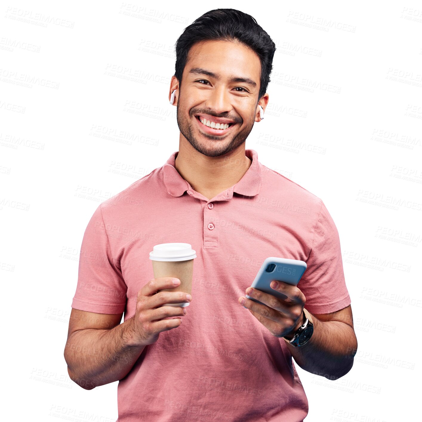 Buy stock photo Portrait, phone and coffee with an asian man isolated on transparent background to drink a takeaway beverage. Tea, social media or app with a happy young person holding a paper cup and mobile on PNG