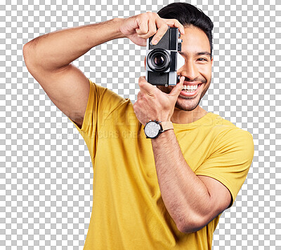 Buy stock photo Portrait, photographer or happy man with a camera for a creative hobby or artistic talent. Picture, memory or Asian male person shooting for photography isolated on transparent png background