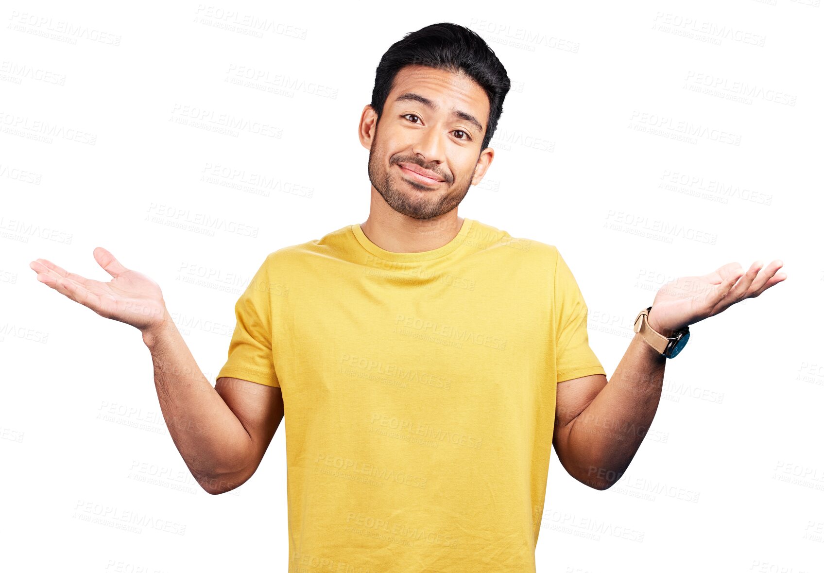 Buy stock photo Confused, hands and portrait of asian man with why emoji on isolated, transparent or png background. Dont know, shrug and face of asian model with palm scale, balance or ask, questions or forget sign