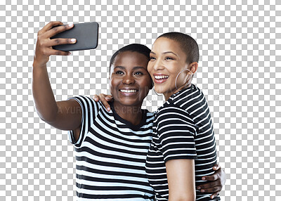 Buy stock photo Social media, hug or lesbian couple take a selfie for pride isolated on transparent png background. Photograph memory, cool fashion or happy gay women smile in fun pictures to post in lgbtq community