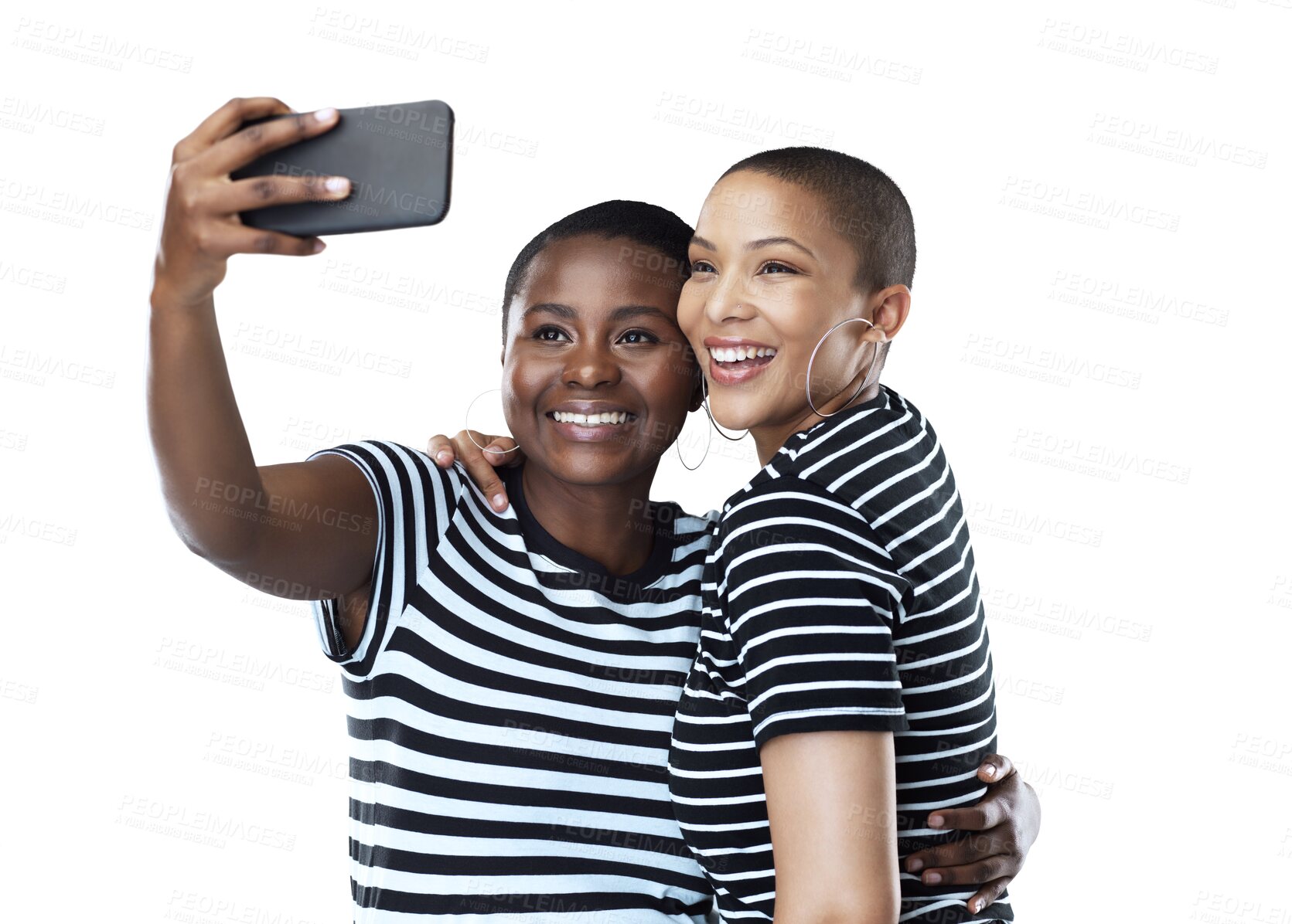 Buy stock photo Social media, hug or lesbian couple take a selfie for pride isolated on transparent png background. Photograph memory, cool fashion or happy gay women smile in fun pictures to post in lgbtq community