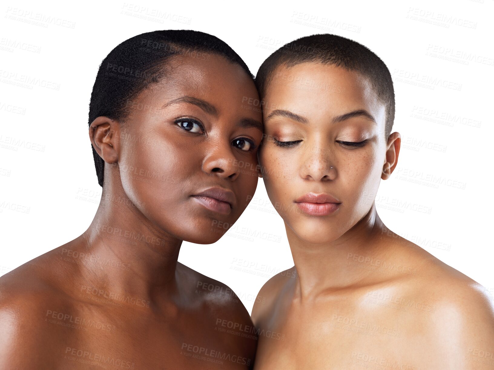 Buy stock photo Skincare, diversity and portrait of women together isolated on transparent png background with health, facial care or skin glow. Beauty, face and friends, black woman and model with natural cosmetics