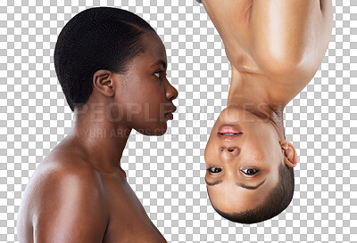 Buy stock photo Face, beauty and natural skincare with black woman friends isolated on a transparent background for wellness. Portrait, contrast and unique with model people on PNG for foundation or cosmetics