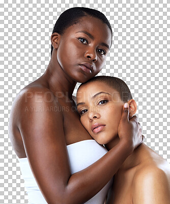 Buy stock photo Cosmetics, diversity and portrait of women isolated on transparent png background with health, facial care and skin glow. Skincare, serious face and couple of friends hug together with natural beauty