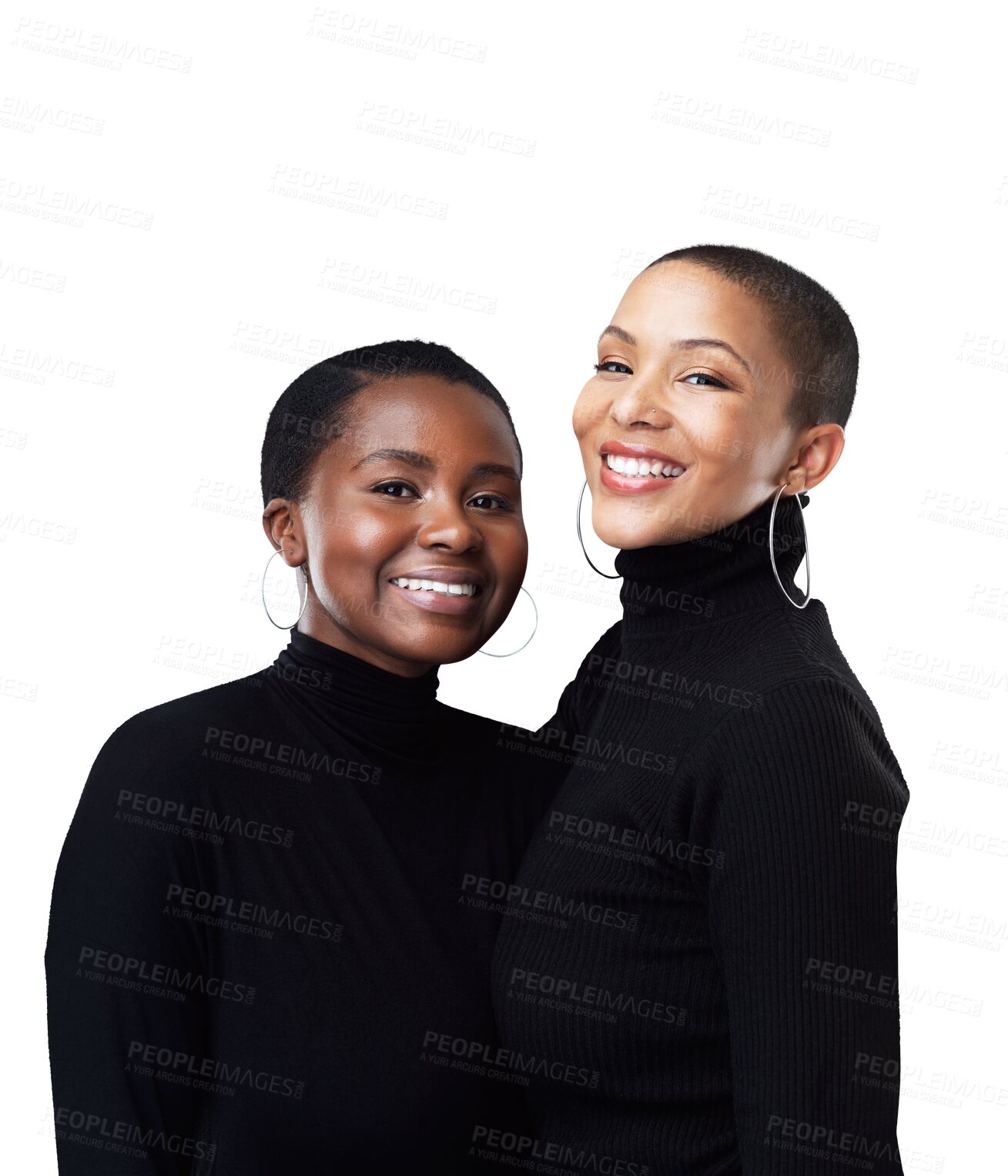 Buy stock photo Lesbian, love or portrait of a happy couple in lgbtq, queer or gay community with support or confidence. Diversity, gay women or gen z people hug for pride isolated on transparent png background