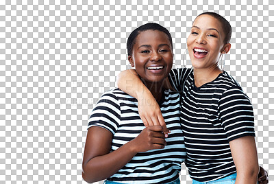 Buy stock photo Lesbian, hug or portrait of a happy couple laughing in lgbtq, queer or gay community with support or love. Diversity, gay women or cool gen z people with pride isolated on transparent png background