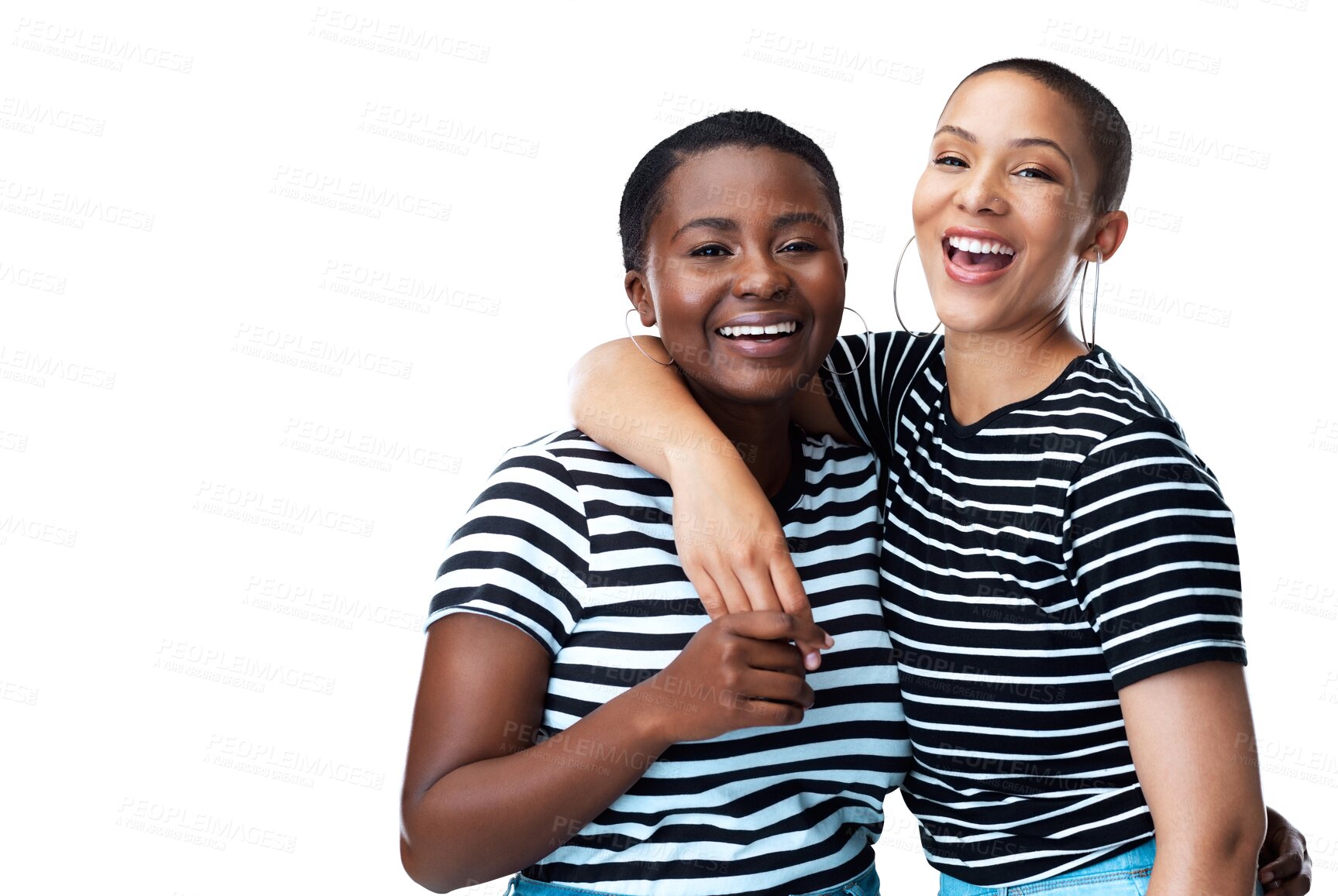 Buy stock photo Lesbian, hug or portrait of a happy couple laughing in lgbtq, queer or gay community with support or love. Diversity, gay women or cool gen z people with pride isolated on transparent png background