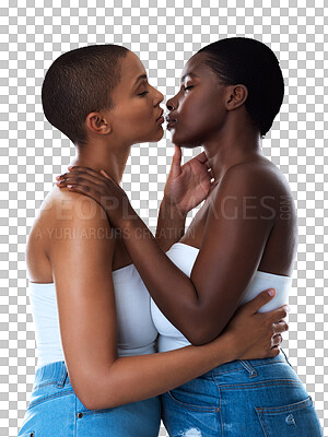 Buy stock photo African couple, kiss and lesbian with hug for care, romance and bonding for love by transparent png background. Isolated black woman, gay partner and embrace with profile, connection and lgbtq pride