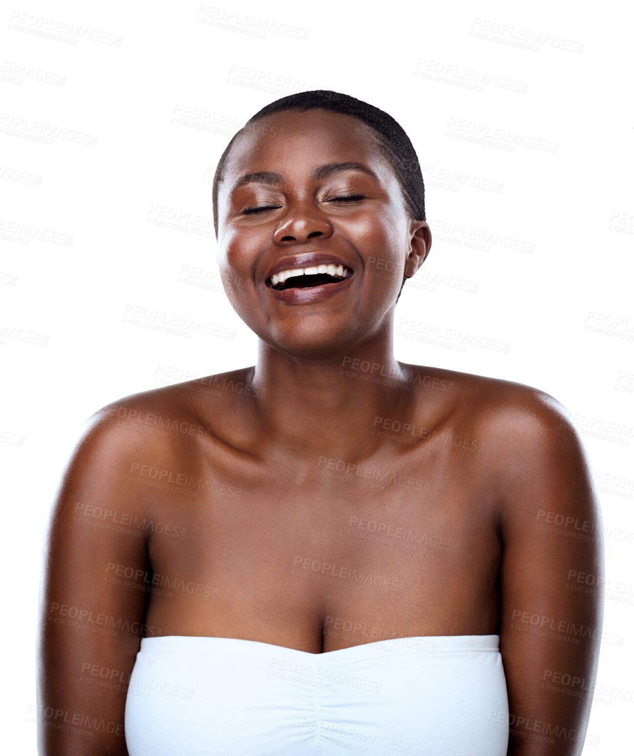 Buy stock photo Skincare, laugh and happy black woman with beauty, glow and natural cosmetics on isolated, transparent or png background. Self love, face and African model smile with luxury, dermatology or wellness