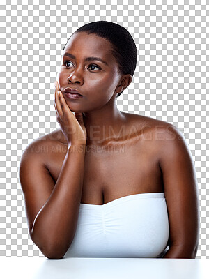 Buy stock photo Thinking skincare and black woman with beauty, glow and natural cosmetic shine on isolated, transparent or png background. Self care, face and African lady model with luxury, dermatology or wellness