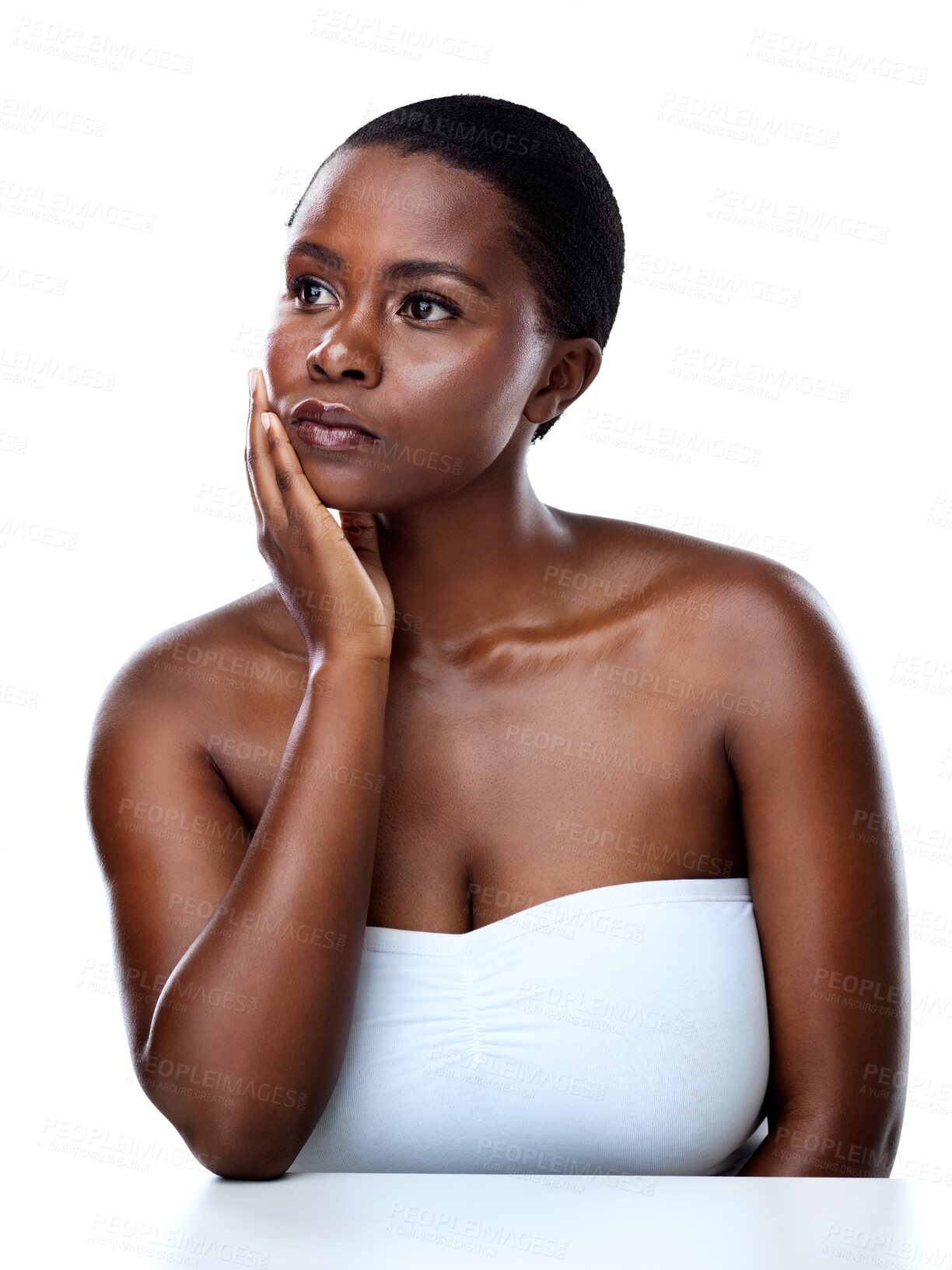 Buy stock photo Thinking skincare and black woman with beauty, glow and natural cosmetic shine on isolated, transparent or png background. Self care, face and African lady model with luxury, dermatology or wellness