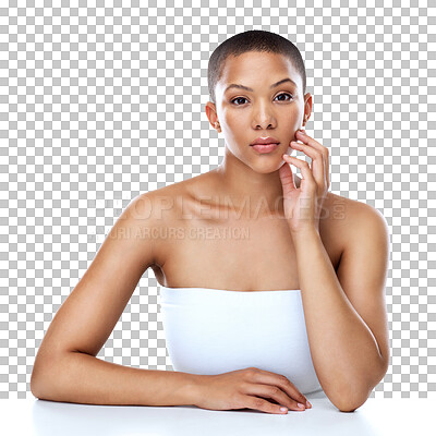 Buy stock photo Portrait, woman and touch face for beauty, aesthetic glow and cosmetic dermatology isolated on a transparent png background. Serious model, natural skincare and facial treatment for healthy results 