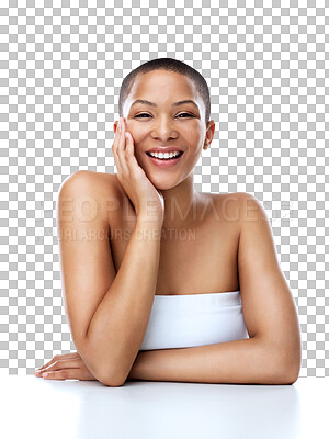 Buy stock photo Happy woman, portrait and face with makeup in beauty, skincare or cosmetics isolated on a transparent PNG background. Young and attractive female person or model smile for spa, salon or treatment