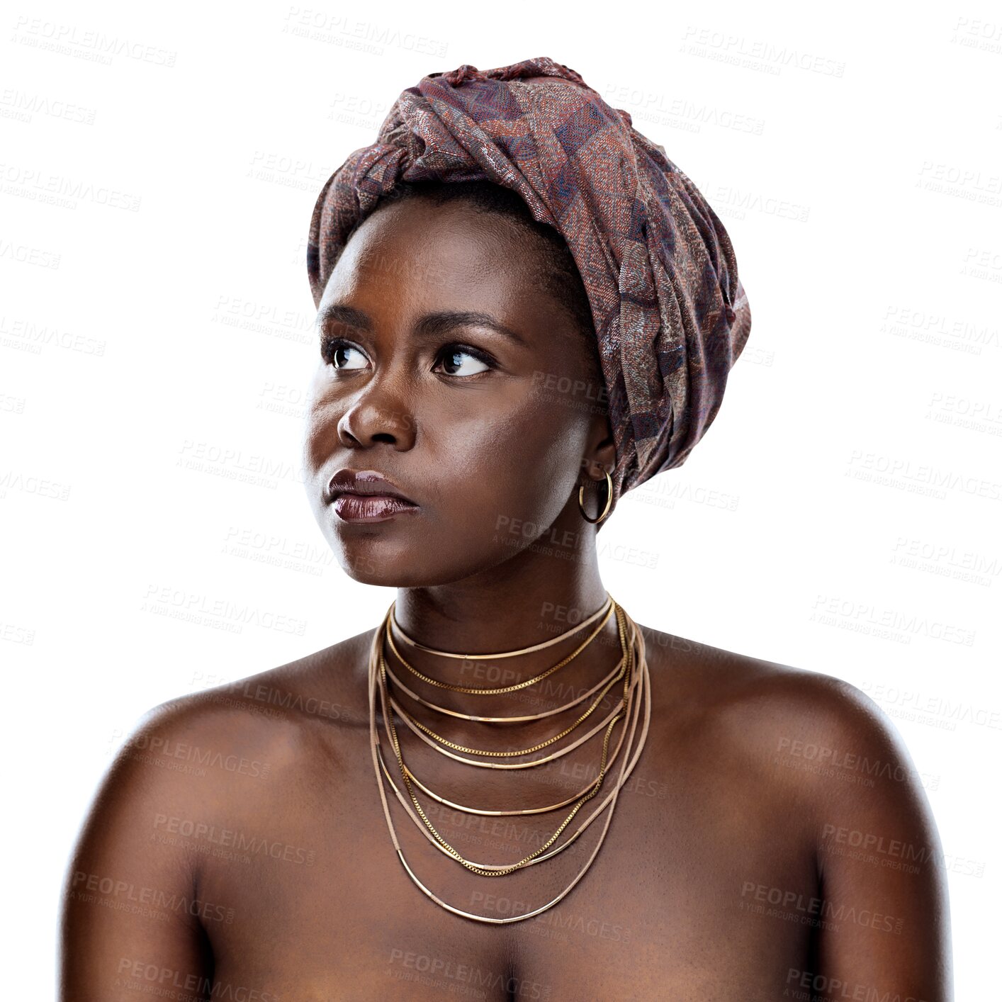 Buy stock photo Fashion, idea or culture with a black woman isolated on a transparent background for african tradition. Face, thinking and heritage with a young person on PNG for creative style, pride or empowerment