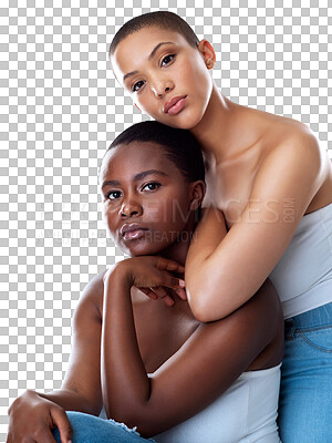 Buy stock photo Diversity, support or portrait of women with makeup or skincare isolated on transparent png background. People, glowing shine or face of model posing for inclusion, beauty or love to relax together