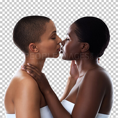 Buy stock photo African couple, kiss and lesbian love with care, romance and bonding with hug by transparent png background. Isolated black woman, gay partner and embrace with kindness, connection and lgbtq pride