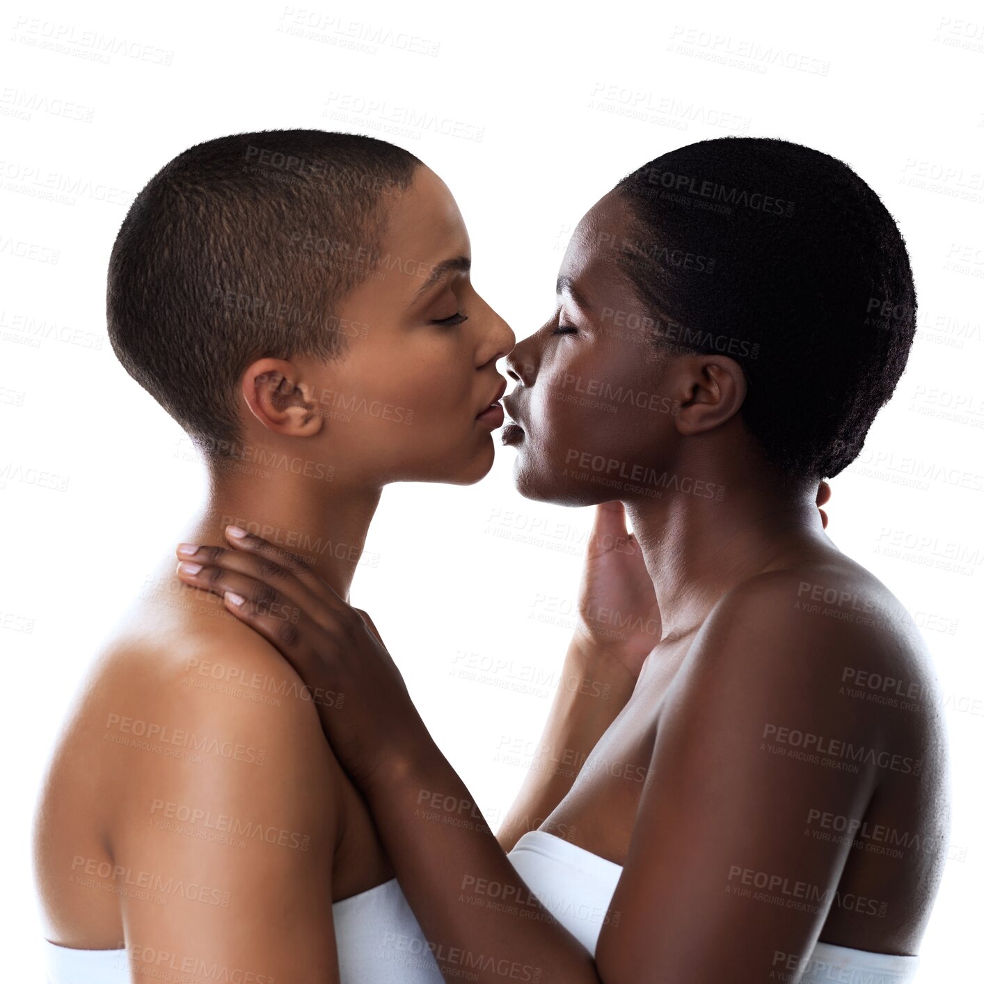 Buy stock photo African couple, kiss and lesbian love with care, romance and bonding with hug by transparent png background. Isolated black woman, gay partner and embrace with kindness, connection and lgbtq pride