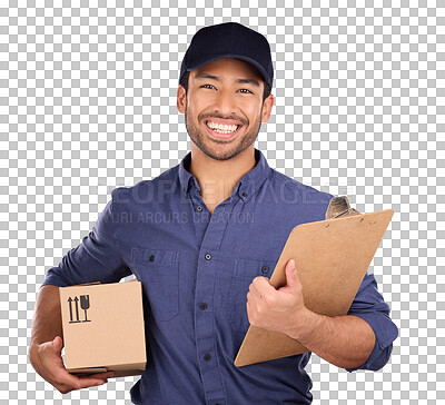 Delivery man, box and portrait isolated on studio background with courier services and clipboard and smile. Asian worker, supplier or logistics person package for Korea distribution and product sales