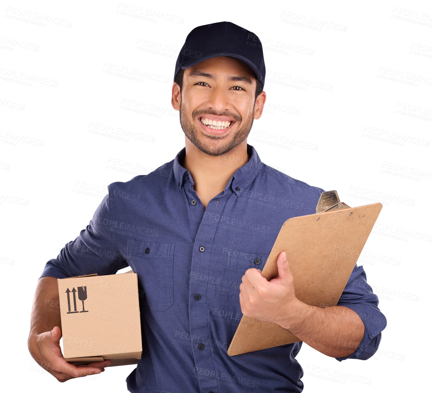 Buy stock photo Delivery man, boxes and checklist for courier service, logistics and retail distribution or supply chain. Portrait of asian worker with package, clipboard or documents on transparent, png background