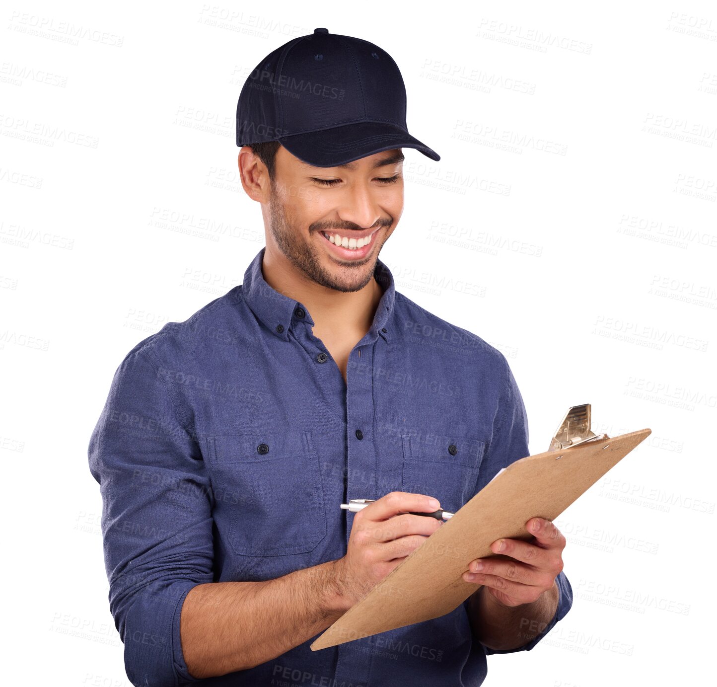 Buy stock photo Delivery, man and clipboard writing as work shipping, logistics or information isolated on transparent png background. Asian person, package job and service or distribution, checklist or supply chain