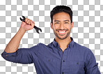 Portrait of man holding wrench isolated on studio background for repair solution, maintenance or plumbing. Professional worker, asian person or happy plumber with mechanic tools hand in job success