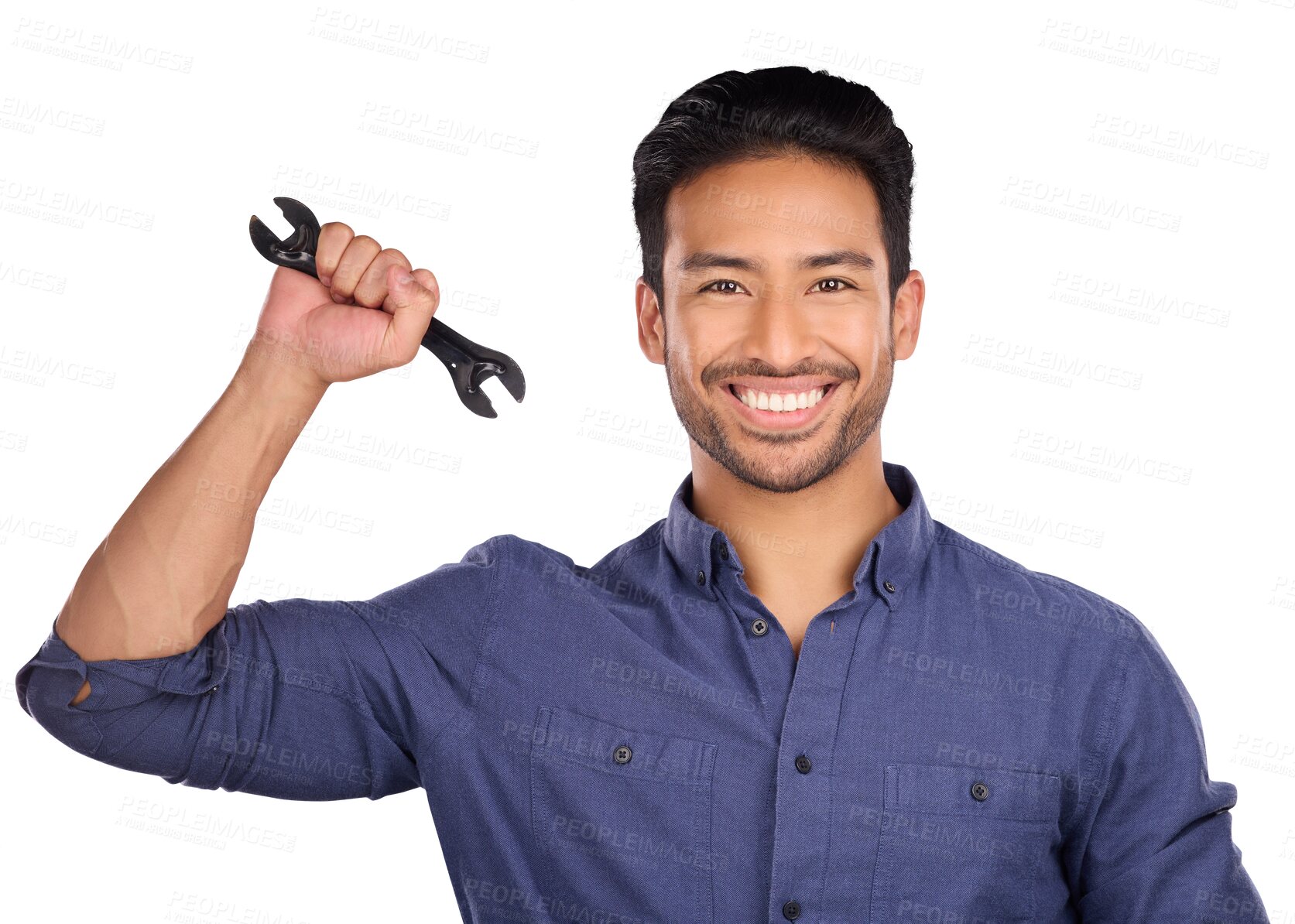 Buy stock photo Portrait, man with wrench and smile isolated on transparent png background in repair solution, maintenance or problem solving. Professional worker, person or happy plumber with mechanic tools in hand