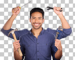 Handyman, builder tools and portrait of mulitask concept of a man ready for construction work. Diy, home renovation project and happiness of a model with isolated studio background with arms 