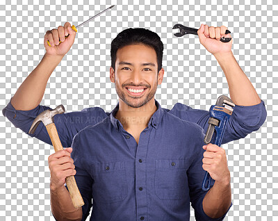 Buy stock photo Portrait of handyman, builder tools and hands, engineering or man multitask construction work. Happy person, many equipment and repairman, contractor and arms isolated on a transparent png background