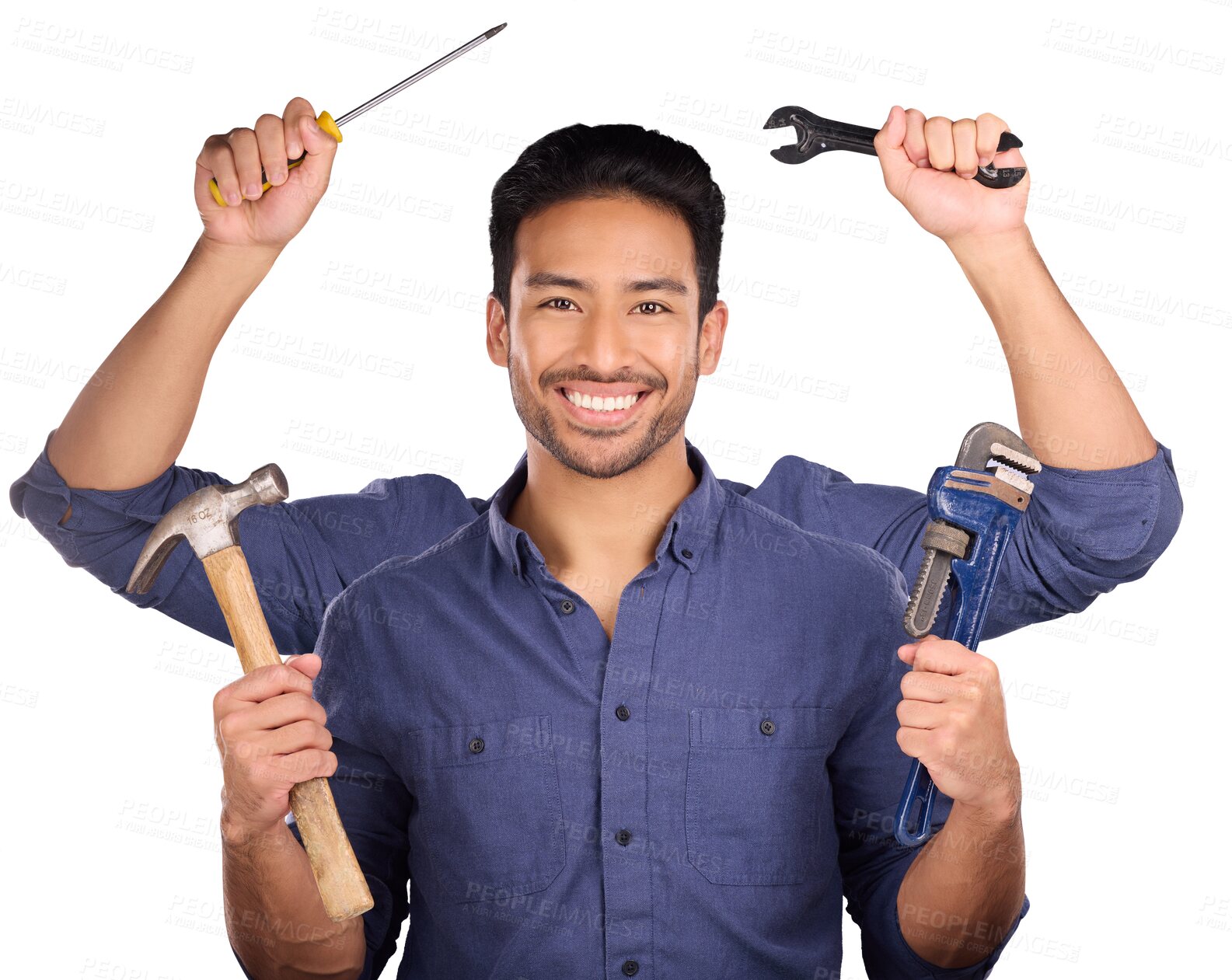 Buy stock photo Portrait of handyman, builder tools and hands, engineering or man multitask construction work. Happy person, many equipment and repairman, contractor and arms isolated on a transparent png background