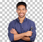 Man, studio and portrait with tools or spanner for handyman, maintenance or repair work with a smile. Happy asian handy man person smile on purple background for engineer, mechanic or technician job