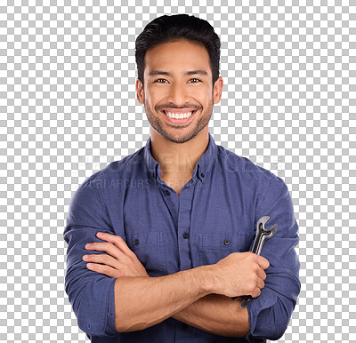 Buy stock photo Portrait, man with spanner or smile isolated on transparent png background in repair solution, maintenance or problem solving. Professional work, person or happy plumber with mechanic tools or wrench