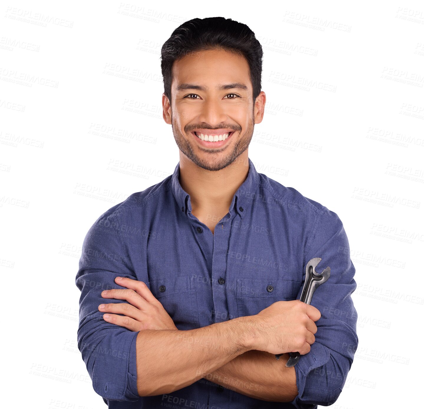 Buy stock photo Portrait, man with spanner or smile isolated on transparent png background in repair solution, maintenance or problem solving. Professional work, person or happy plumber with mechanic tools or wrench