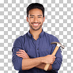 Man, studio and portrait with tools or hammer for handyman, maintenance or repair work with smile. Happy asian model person on purple background arms crossed for engineer, mechanic or technician job