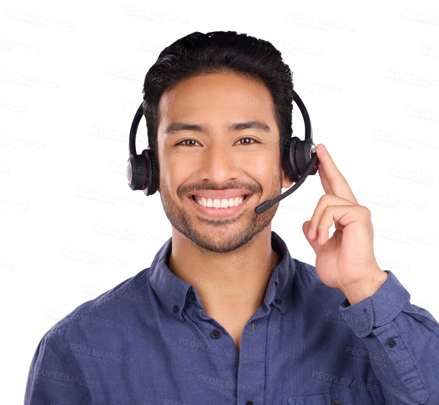 Buy stock photo Business man, call center and headphones for communication, customer support and e commerce service. Portrait of Asian consultant with FAQ, help and contact us isolated on transparent png background