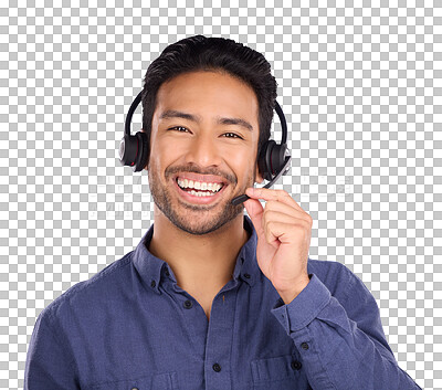 Buy stock photo Consultant man, call center and headphones for communication, customer support and e commerce service. Portrait of Asian agent for business FAQ and contact us isolated on transparent, png background