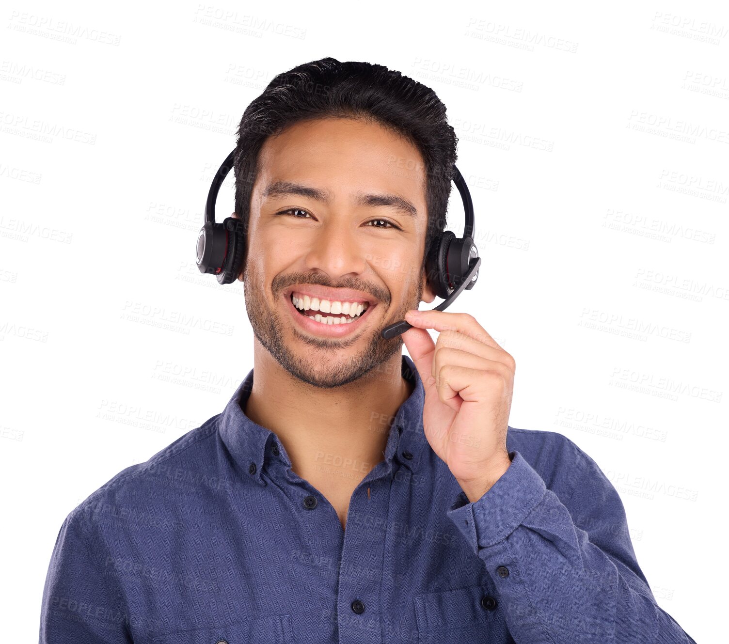 Buy stock photo Consultant man, call center and headphones for communication, customer support and e commerce service. Portrait of Asian agent for business FAQ and contact us isolated on transparent, png background