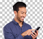 Business asian man, phone and smile for social media, communication or texting against studio background. Happy male smiling on smartphone in networking for chatting, browsing or mobile app on mockup