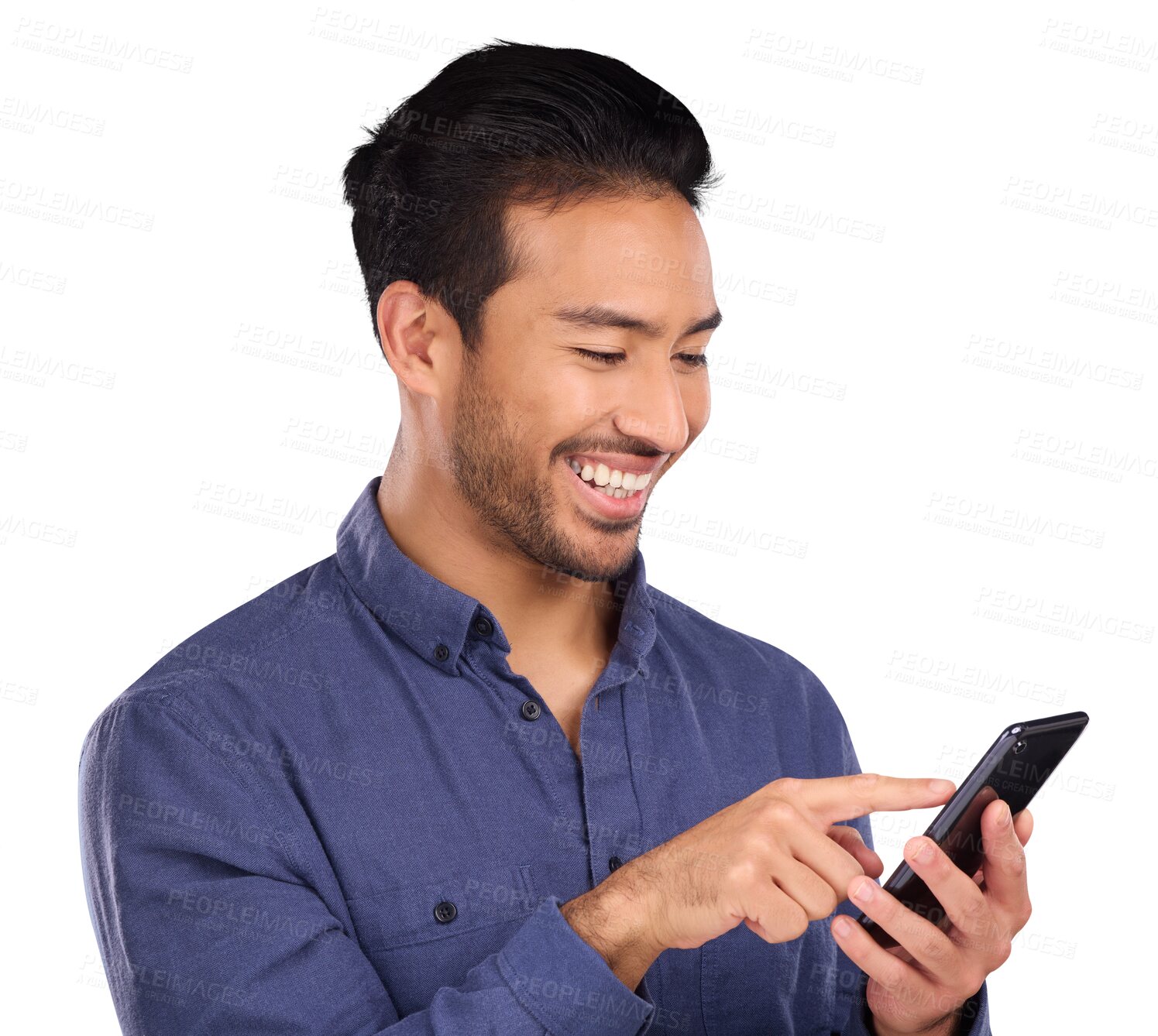 Buy stock photo Smile, phone for communication and a business asian man isolated on transparent background for networking. Contact, social media or app with a happy young employee typing a mobile text message on PNG