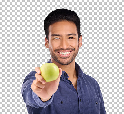 Buy stock photo Portrait, happy and Asian man with apple, healthy food and diet plan isolated on transparent background. Face, Japanese person or model with vegan, fruit and nutritionist breakfast with png or choice