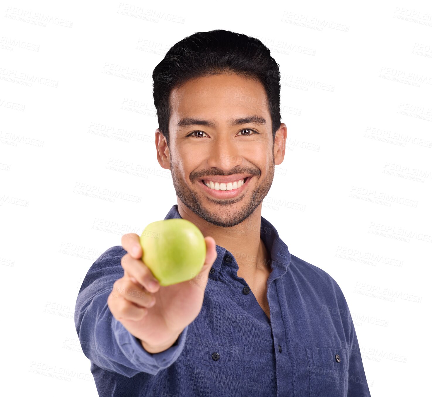 Buy stock photo Portrait, happy and Asian man with apple, healthy food and diet plan isolated on transparent background. Face, Japanese person or model with vegan, fruit and nutritionist breakfast with png or choice