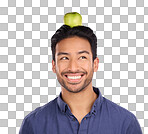 Fitness, apple and Asian man with smile, balance and healthy lifestyle against a grey studio background. Male, Japan and gentleman with fruit, diet and thinking with happiness, cheerful and joyful 