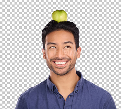 Buy stock photo Head, apple or man with face, balance or healthy diet by isolated, transparent or png background. Happy male person, model or Asian nutritionist with green fruit ideas, food or thinking of wellness