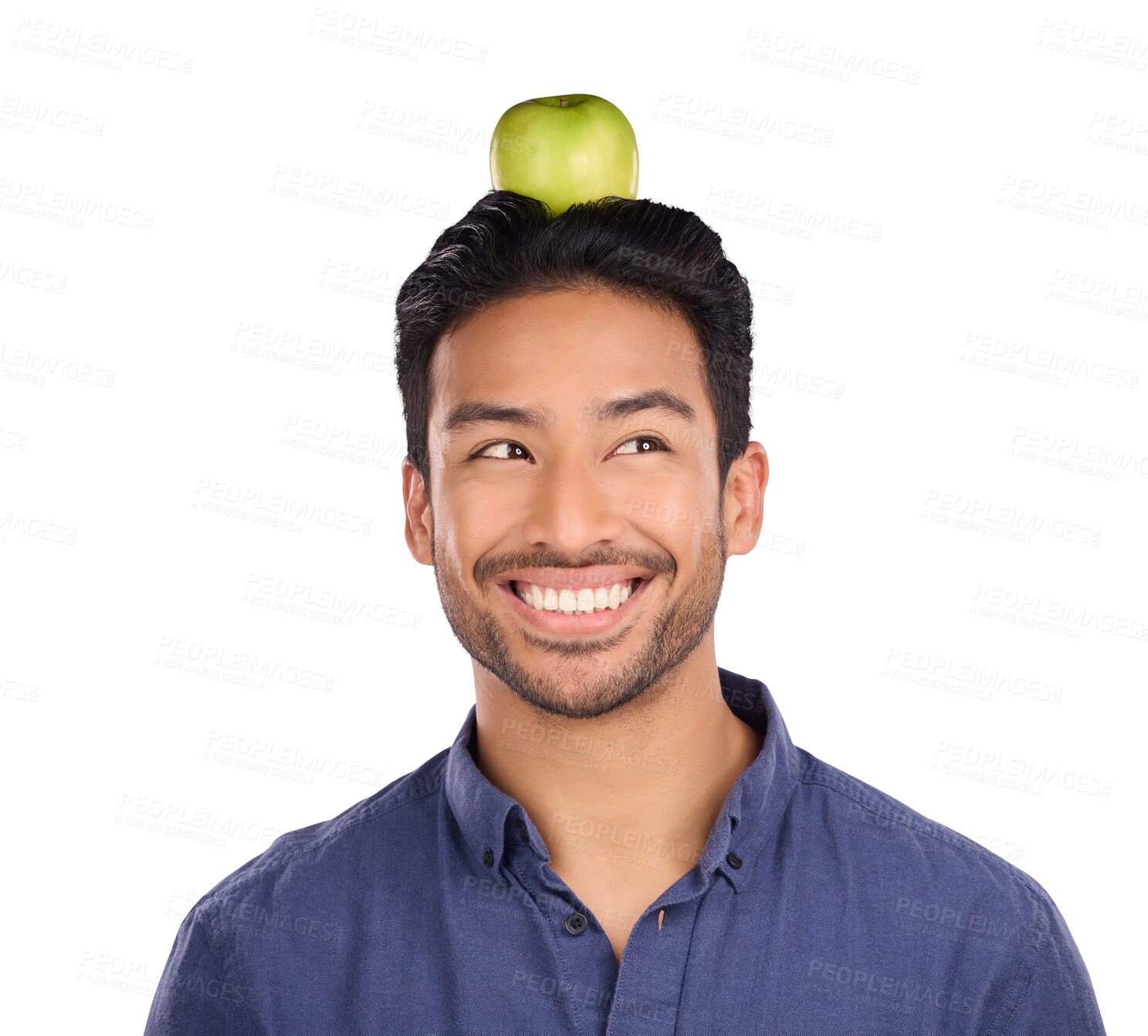 Buy stock photo Head, apple or man with face, balance or healthy diet by isolated, transparent or png background. Happy male person, model or Asian nutritionist with green fruit ideas, food or thinking of wellness