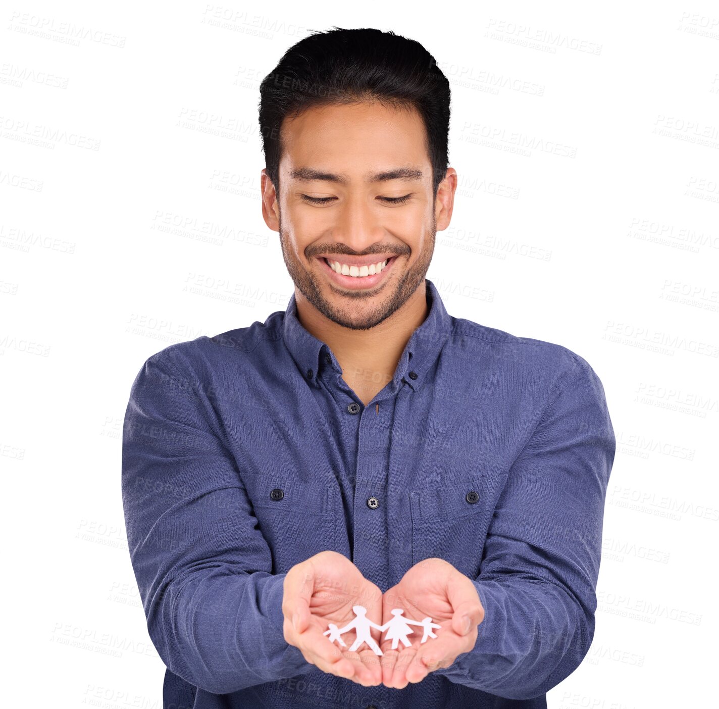 Buy stock photo Man, hands and family or cutout paper for cover or insurance, isolated on transparent png background. Asian person, smile and palms for respect trust or support love, parenthood or children prayer