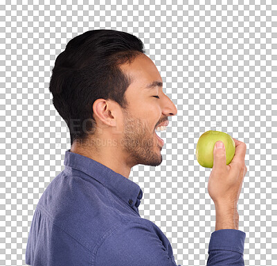 Buy stock photo Man, face and profile, eating apple with health, food and diet plan isolated on a transparent background. Person, model and guy with fruit, detox to lose weight and wellness with png, fibre and vegan