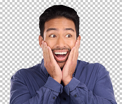 Buy stock photo Business man, wow and surprise for news, announcement or winning bonus, achievement or success. Happy or excited asian worker in shock for goals or opportunity 
isolated on transparent png background